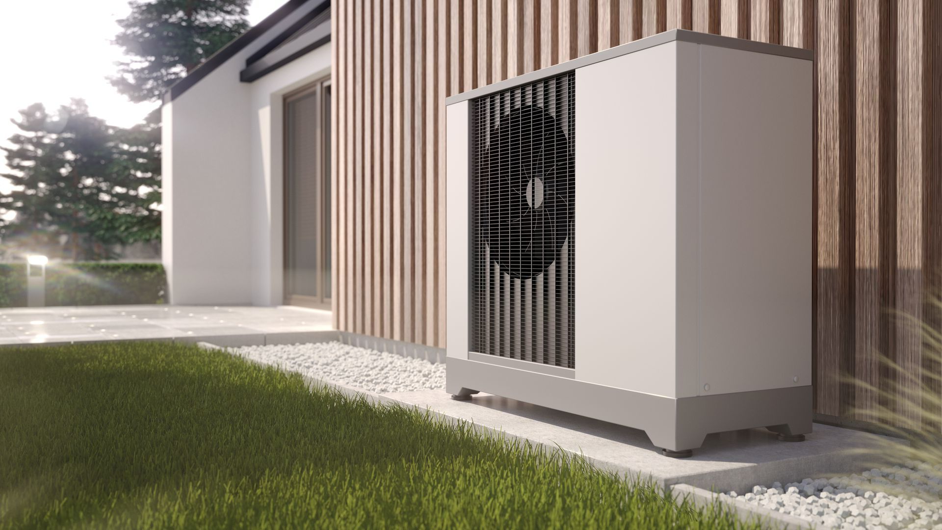 Une pompe à chaleur installée contre un mur en bois