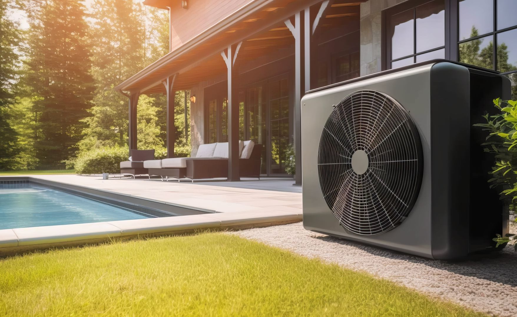 Pompe à chaleur noire dans un jardin
