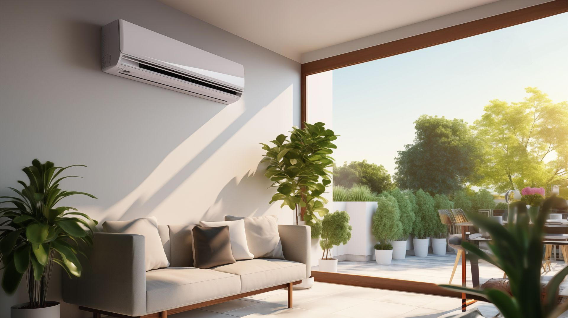 Un canapé blanc sous un climatiseur