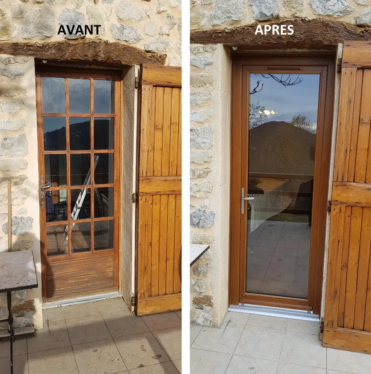 Remplacement de porte : photos avant/après. Ancienne porte à panneaux remplacée par une porte vitrée moderne. Vue extérieure.