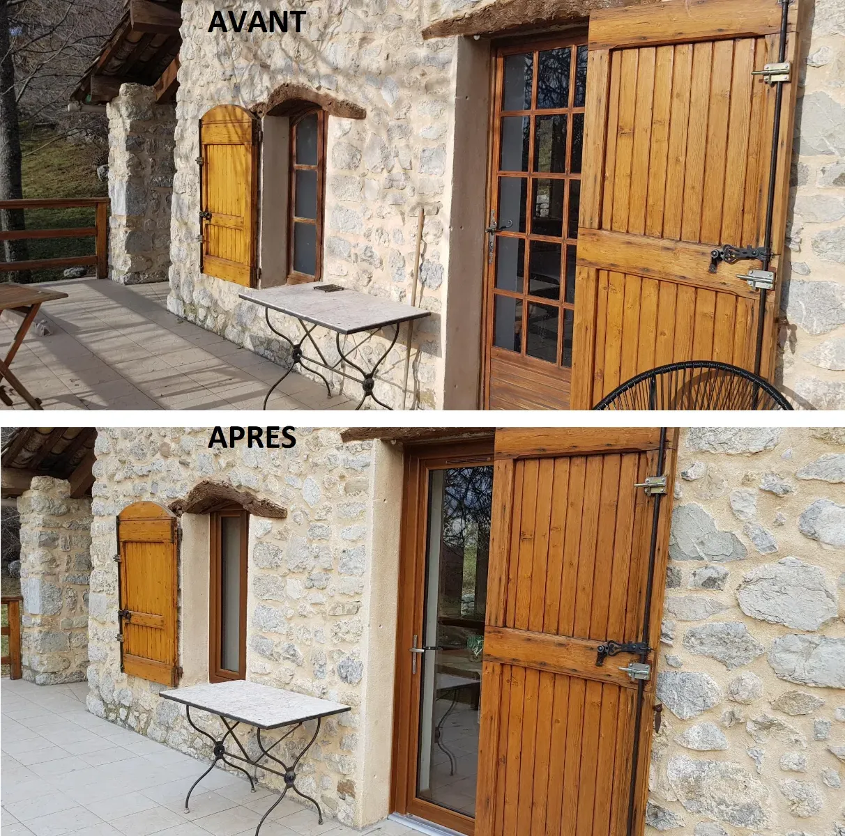 Deux photos montrant l'extérieur d'une maison en pierre avant et après rénovation. Les portes et volets en bois paraissent plus clairs sur la photo après rénovation.