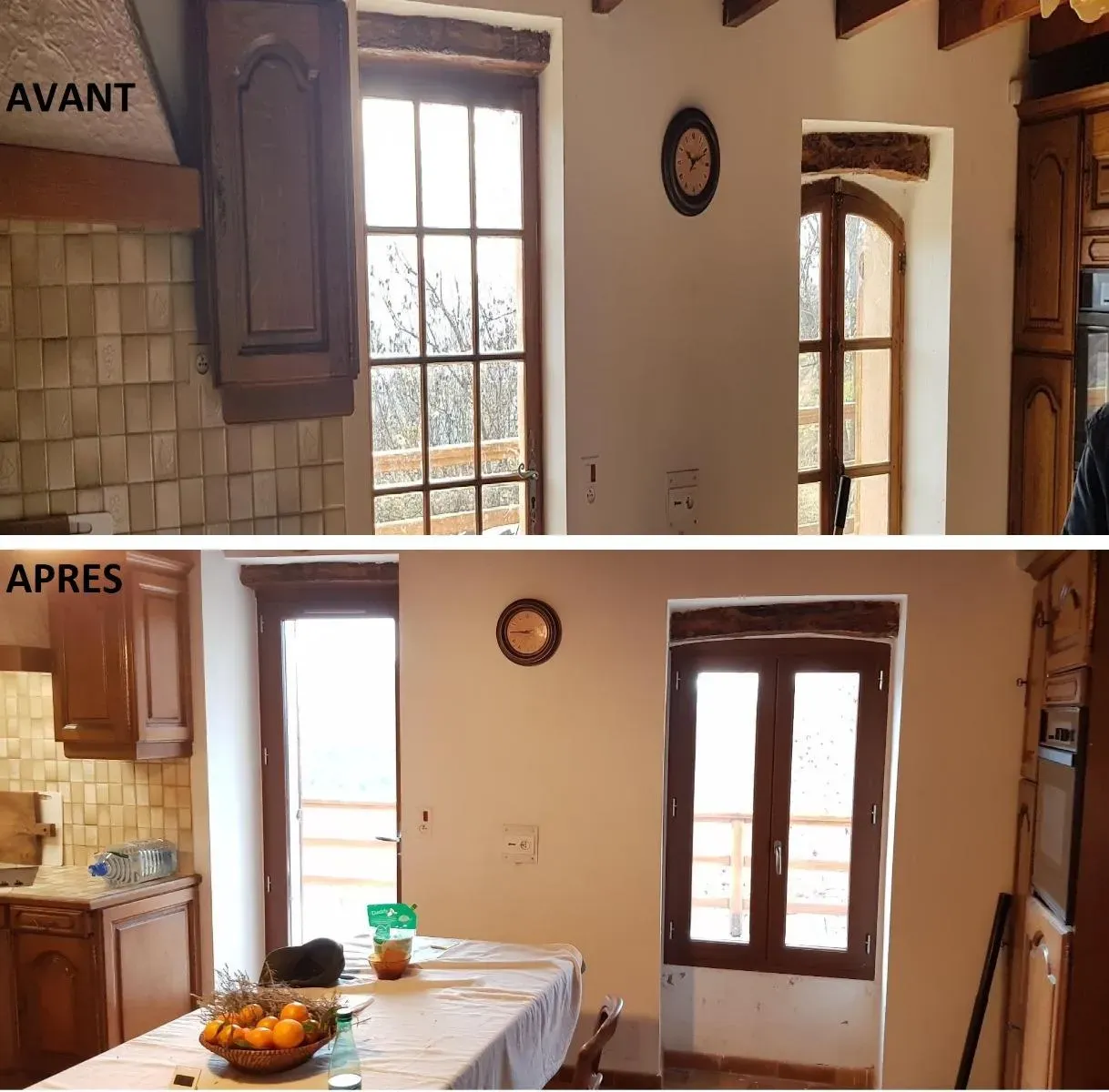 Deux photos, « Avant » et « Après », montrent une cuisine et une salle à manger avant et après les rénovations.
