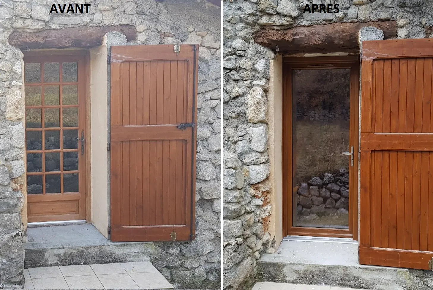 Avant et après la rénovation d'une porte et de volets en bois. La porte vitrée est remplacée par une fenêtre à cadre foncé. Les murs sont en pierre.