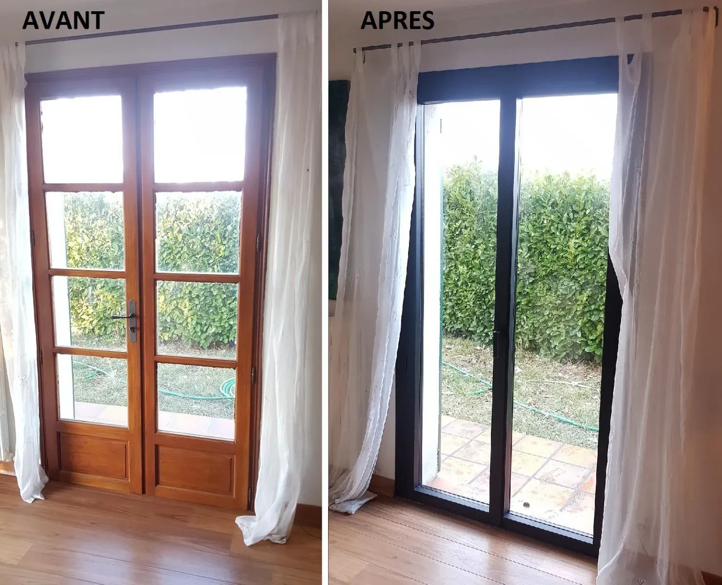 Comparaison d'une porte en bois (à gauche) et d'une porte coulissante à cadre foncé (à droite) donnant sur un jardin.