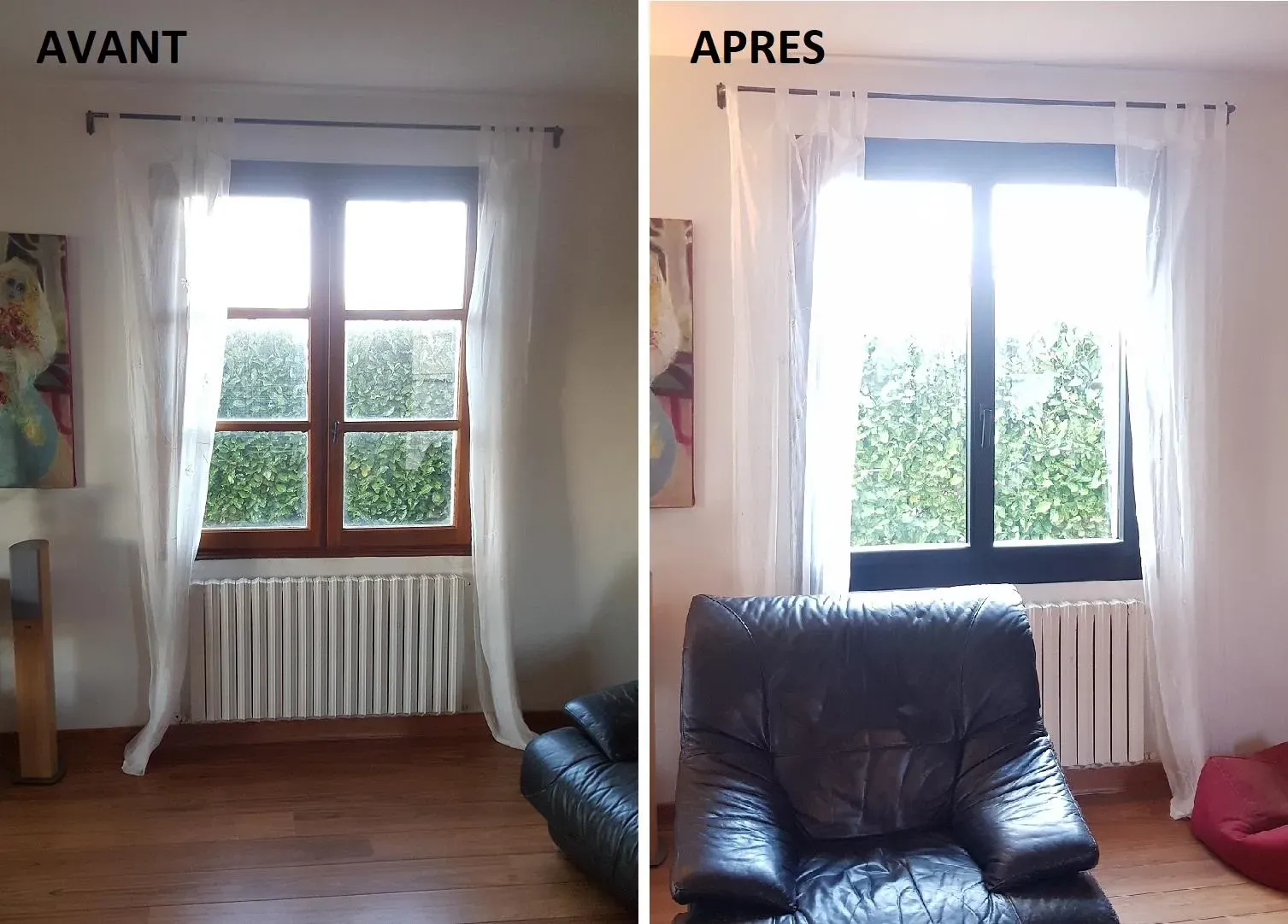 Comparaison d'une pièce avec une fenêtre avant et après changement, avec des rideaux transparents.