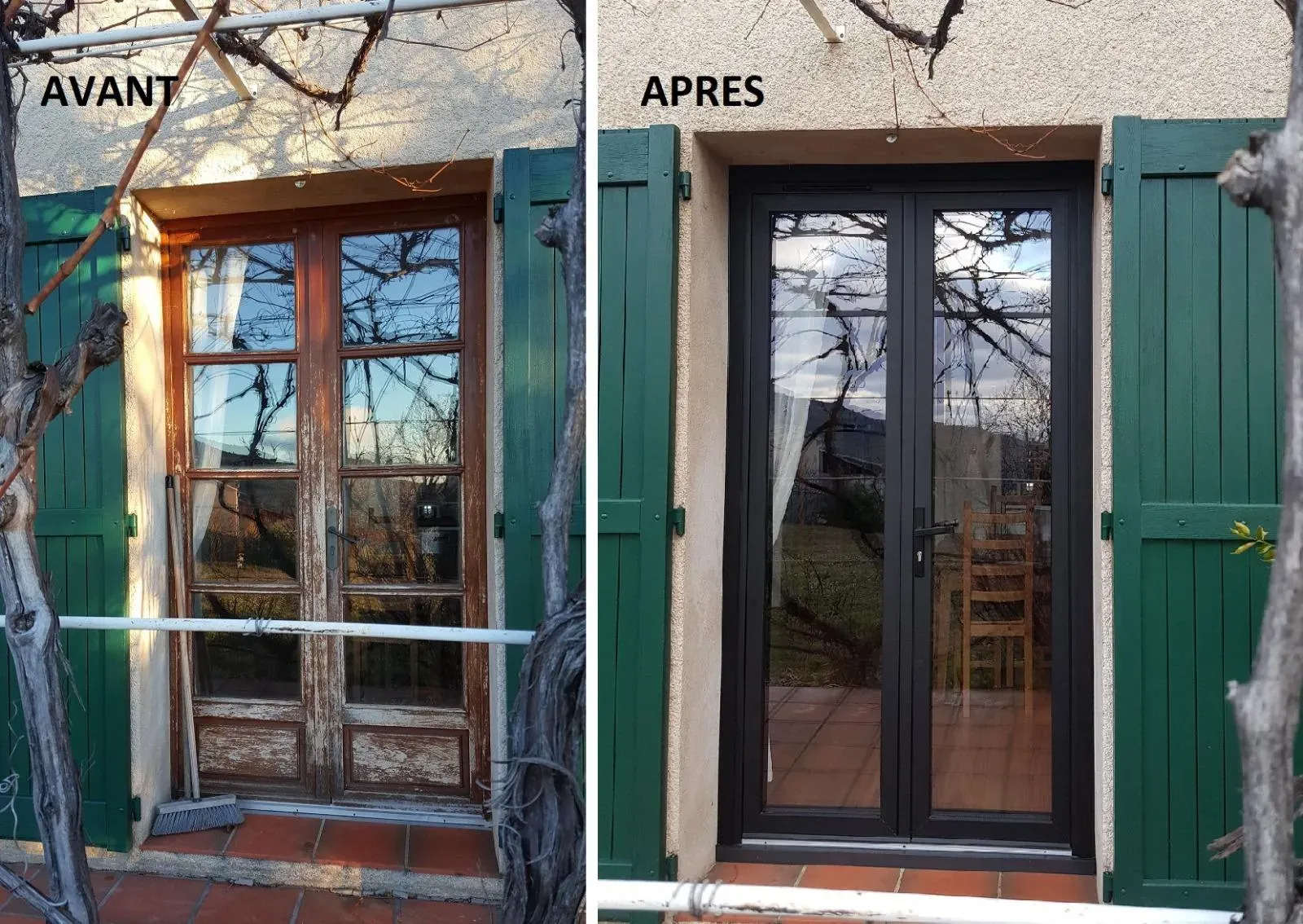 Avant et après le remplacement d'une porte. Une vieille porte en bois abîmée par les intempéries a été remplacée par une porte vitrée moderne à cadre noir. Volets verts.