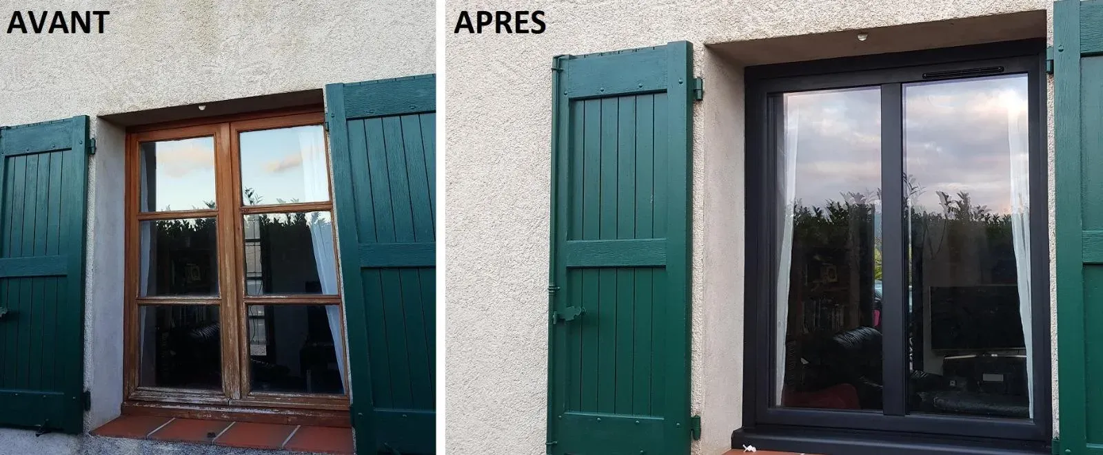 Photos avant et après le remplacement d'une fenêtre : ancien cadre en bois avec volets verts remplacé par une fenêtre à cadre noir.