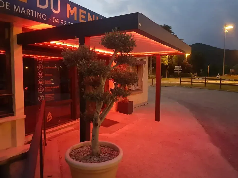 Entrée d'un restaurant avec un auvent rouge illuminé, un olivier en pot, vue sur la rue
