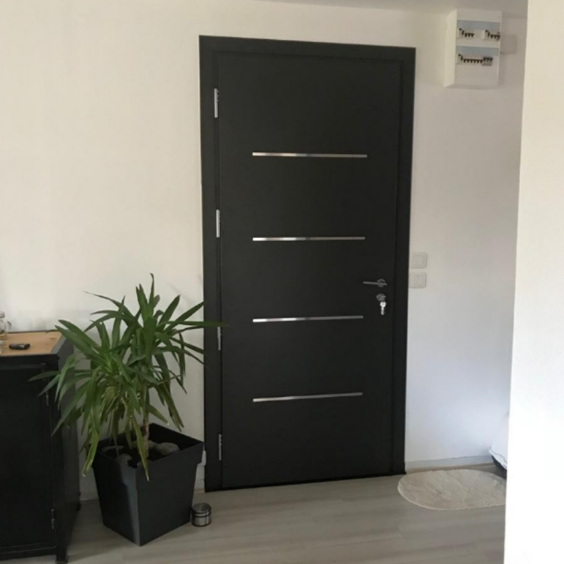 Porte d'entrée noire avec une plante en pot à gauche près d'un bureau