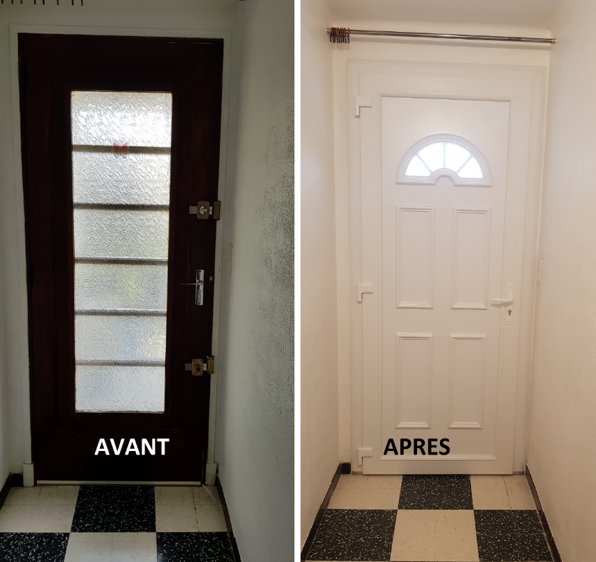 Comparaison d'une porte en bois foncé (avant) et d'une porte blanche (après) dans un couloir avec un sol à damier.