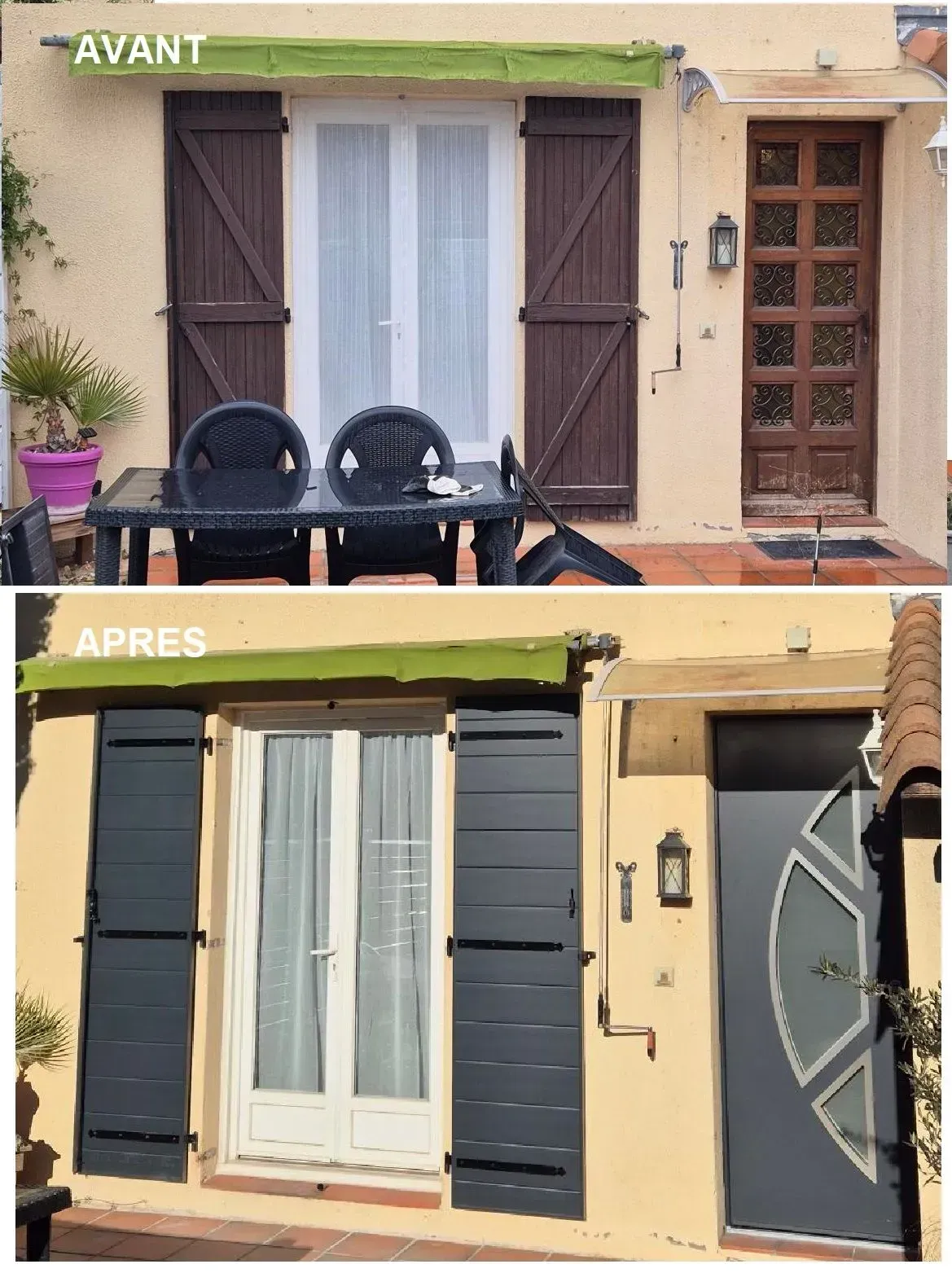 Comparaison côte à côte de la façade d'un bâtiment avant et après rénovation. Les modifications concernent notamment les volets et la couleur des portes, pour un aspect général modernisé.