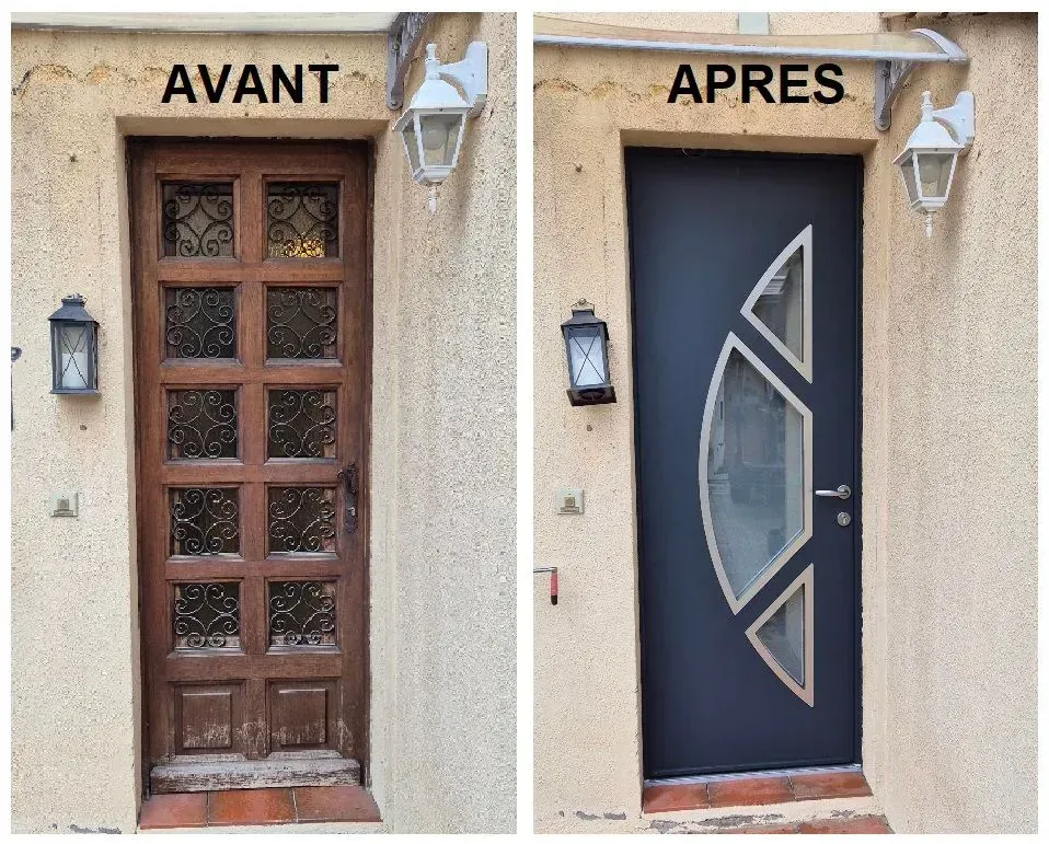 Photos avant et après réparation d'une porte. La porte d'origine est brune avec des carreaux de verre carrés, tandis que la nouvelle porte est bleu foncé avec un seul carreau de verre.