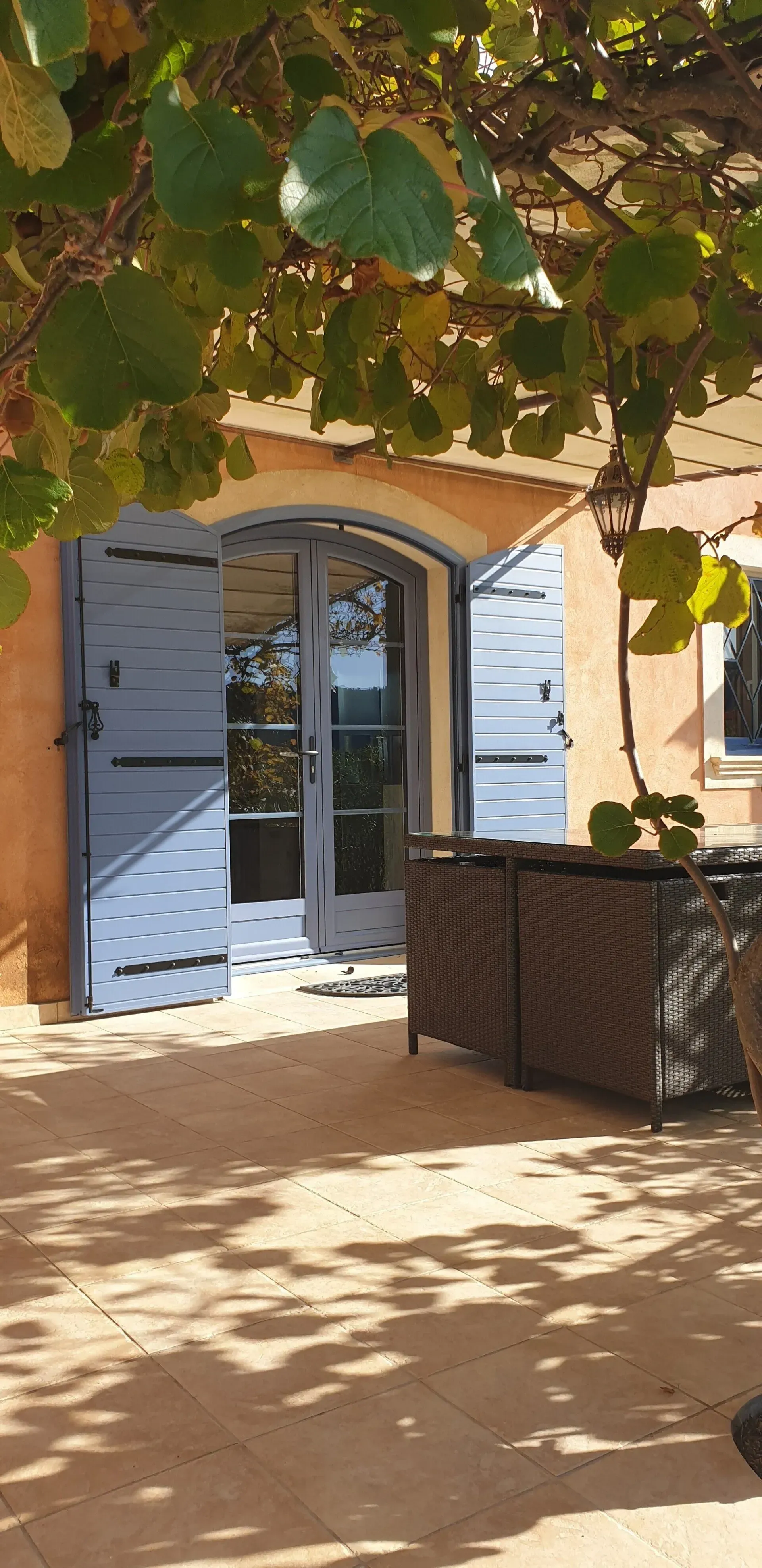 Des volets et des portes bleues s'ouvrent sur un patio où se trouve un meuble en osier sous une vigne.