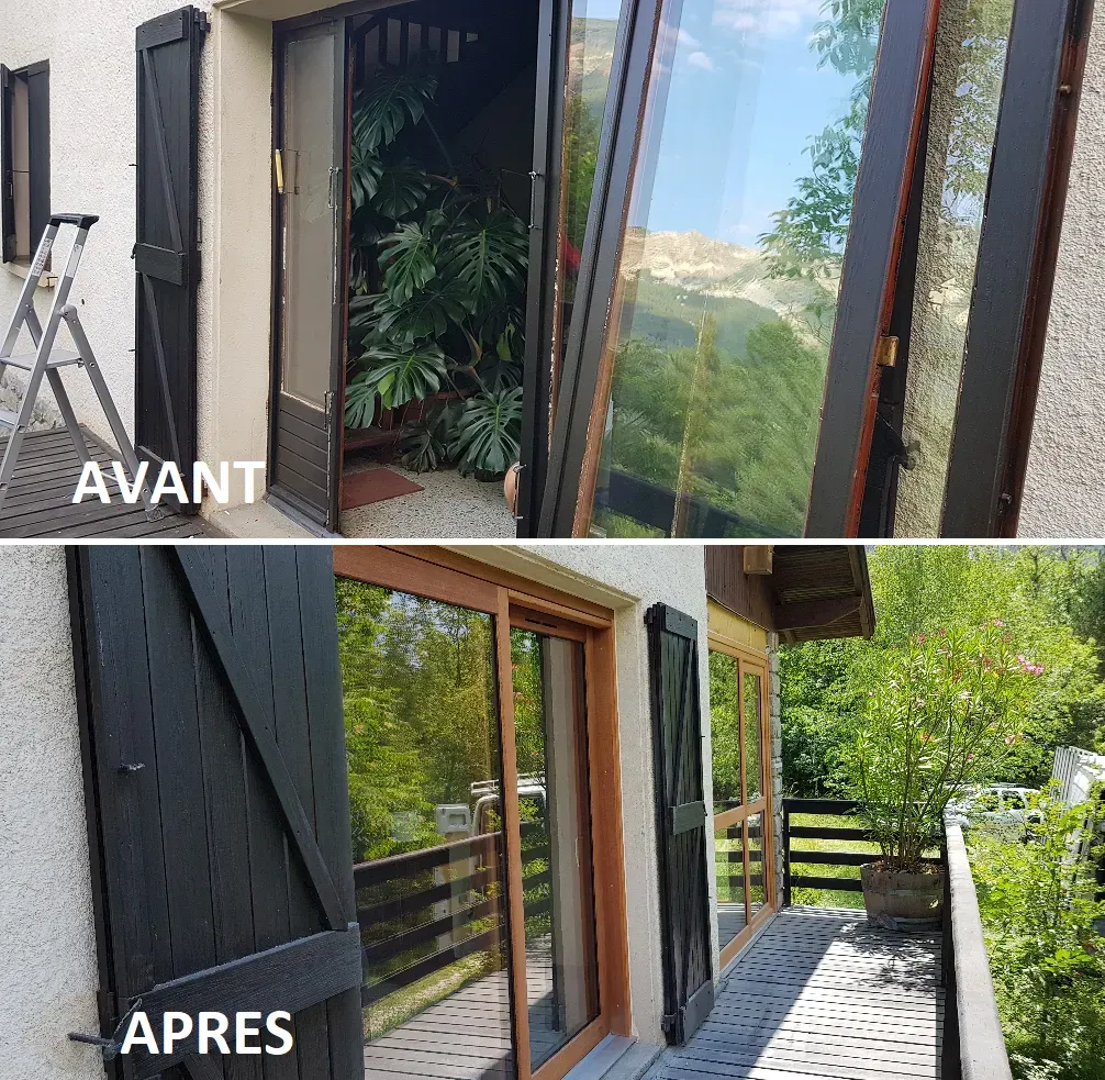 Comparaison de l'état avant et après travaux de portes extérieures. L'image « avant » montre une porte foncée, et l'image « après » montre une porte claire.