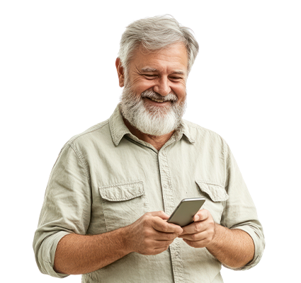 Homme souriant à la barbe grise, regardant un smartphone, portant une chemise boutonnée vert clair.