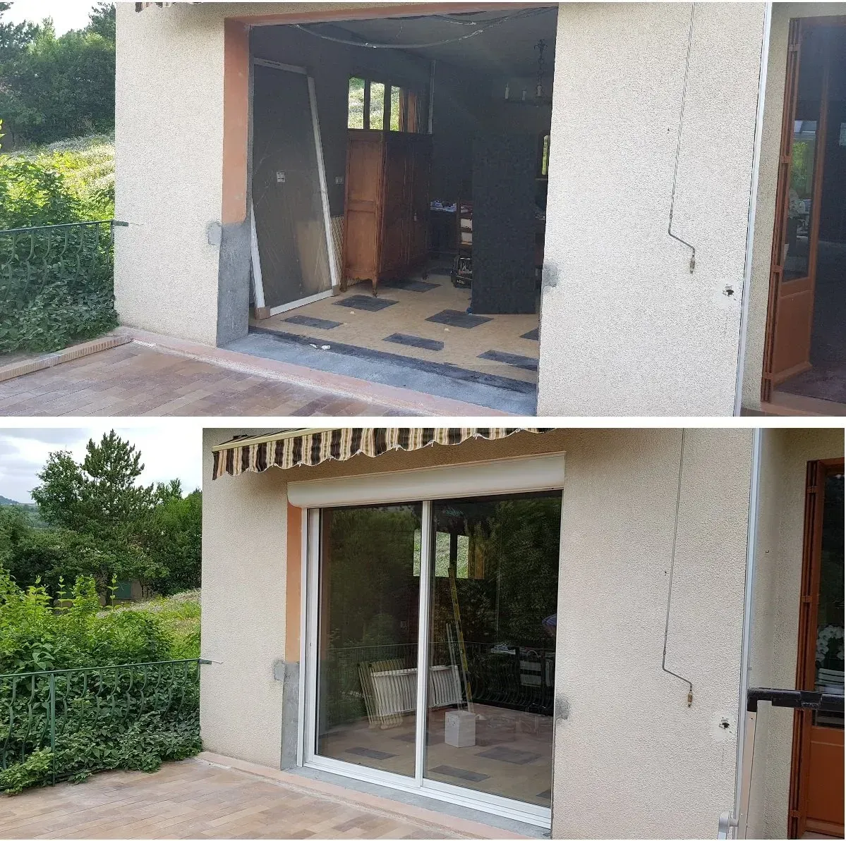 Deux photos : avant et après. Une porte de garage remplacée par une porte coulissante en verre à cadre blanc.