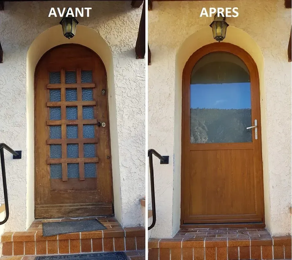 Avant et après le remplacement d'une porte. Une ancienne porte en bois à carreaux a été remplacée par une nouvelle porte vitrée.