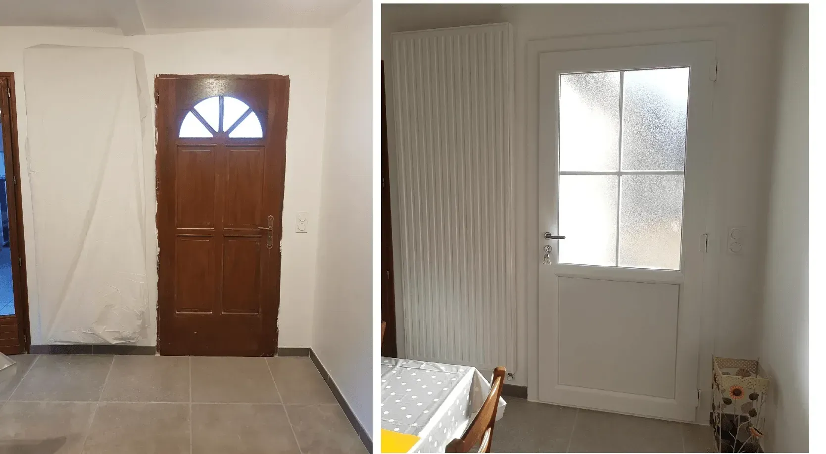 Deux portes intérieures : l’une en bois brun avec vitres, l’autre blanche avec vitres. Murs blancs.