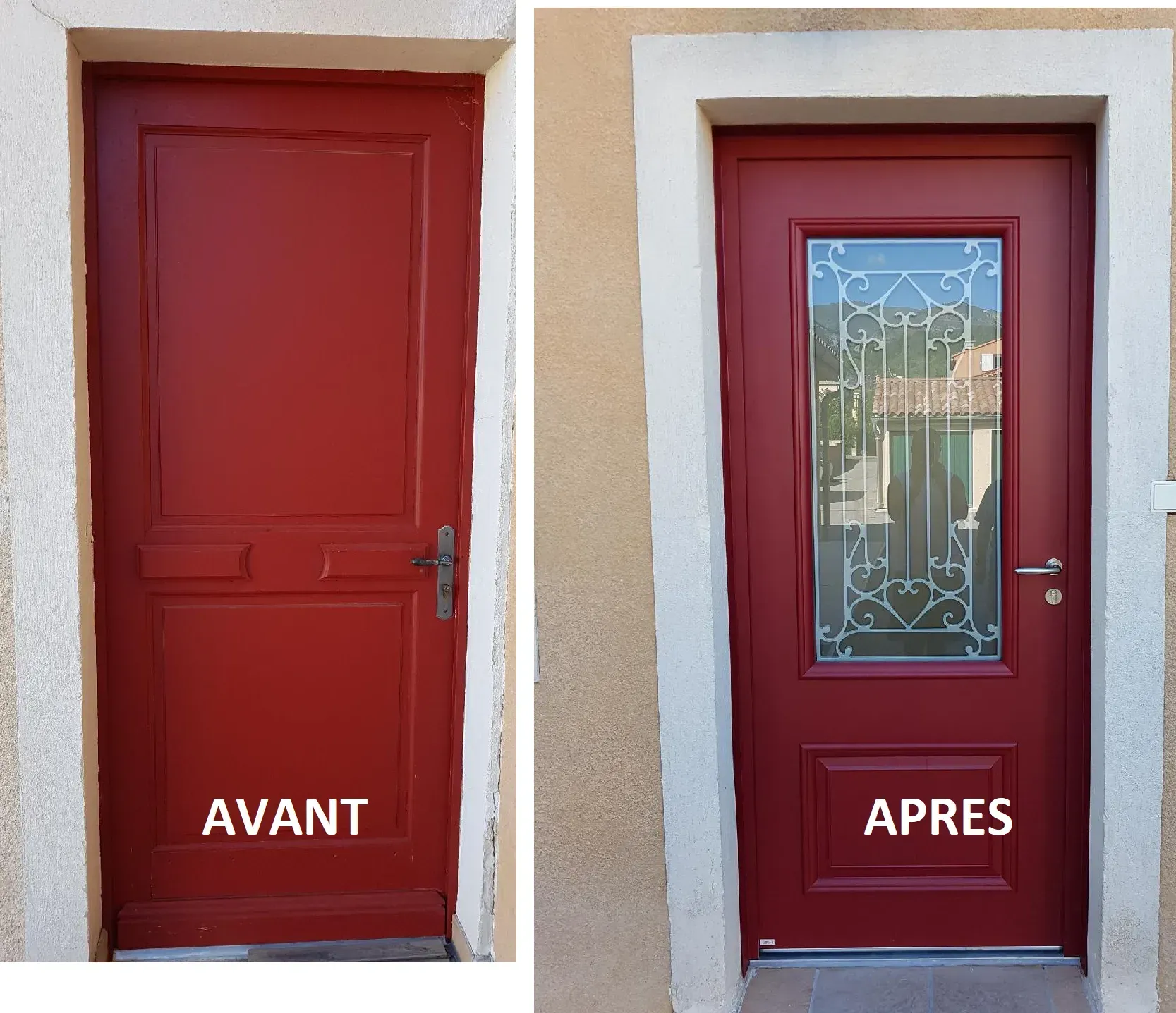 Deux portes rouges : « avant », pleines ; « après », avec panneau de verre ; cadres blancs.