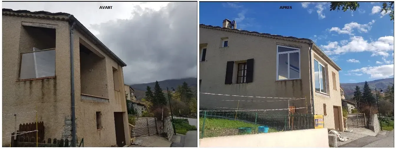 Immeuble de deux étages avec des fenêtres condamnées et un balcon ouvert par temps couvert ; le même immeuble avec des fenêtres neuves par une journée ensoleillée.