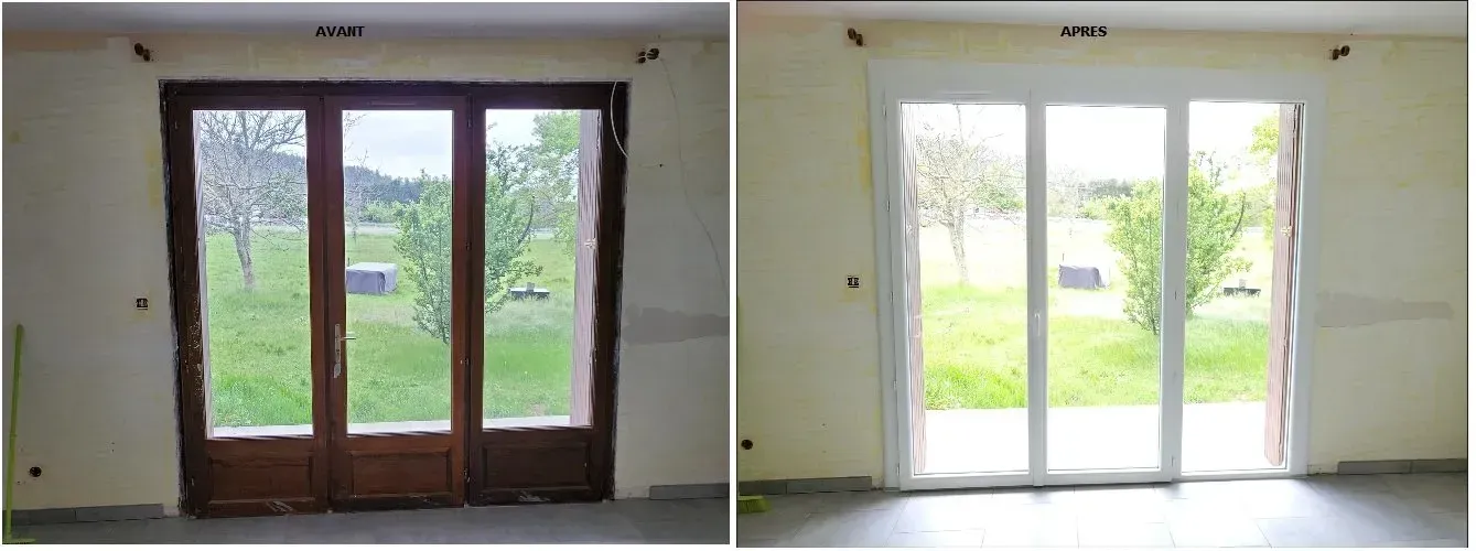 Comparaison entre des portes en bois et des portes coulissantes blanches donnant sur une cour verdoyante.