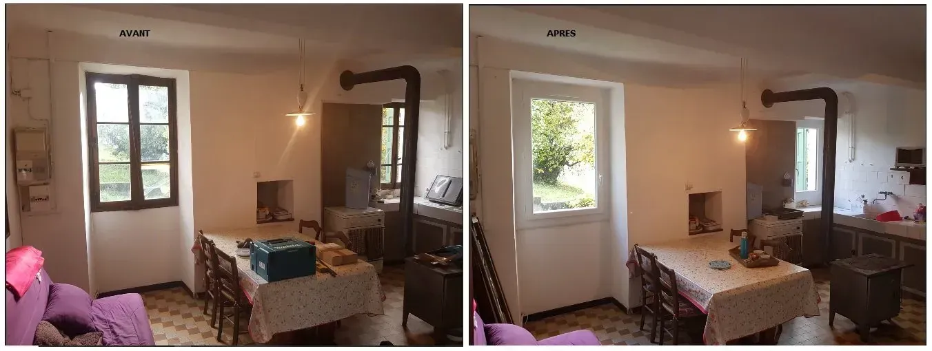 Deux vues intérieures. Coin repas avec table, chaises, poêle à bois et fenêtre.