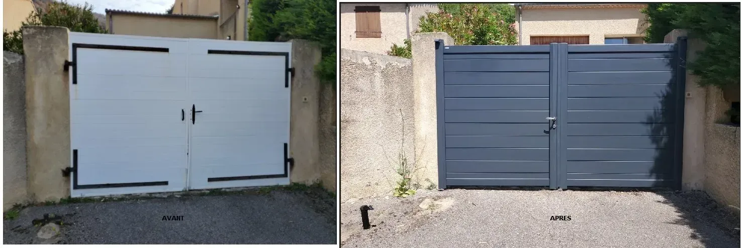 Deux portails d'allée côte à côte : l'un blanc avec des ferrures noires, l'autre gris avec une serrure simple.