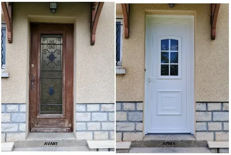 Comparaison : Avant (à gauche), une porte brune usée par le temps. Après (à droite), une porte blanche neuve avec une fenêtre.