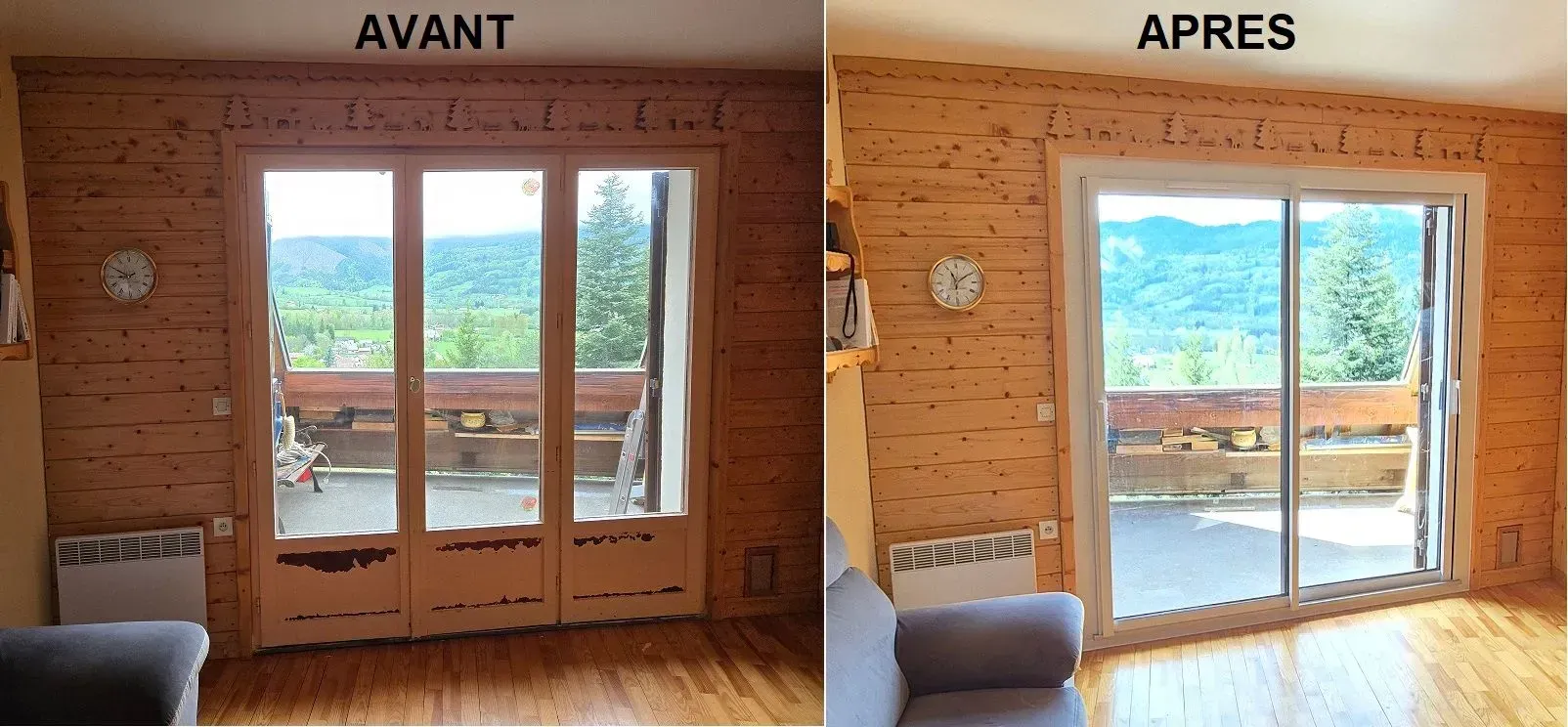 Comparaison d'une pièce avant (à gauche) et après (à droite) le remplacement d'une fenêtre. L'ancienne fenêtre est en bois, la nouvelle est coulissante en verre.