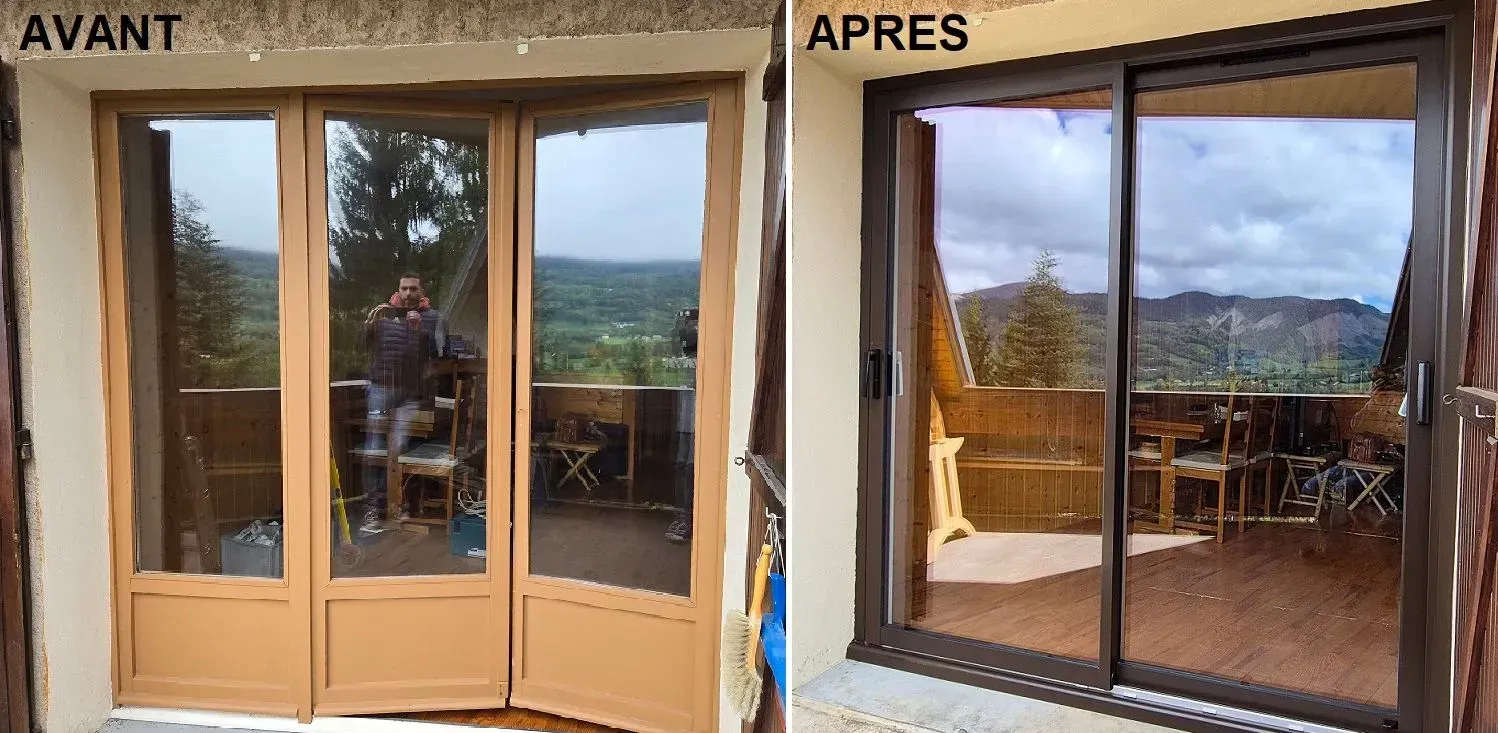 Avant et après le remplacement d'une porte. Les anciennes portes beiges ont été remplacées par des portes coulissantes marron. Vue sur la montagne.