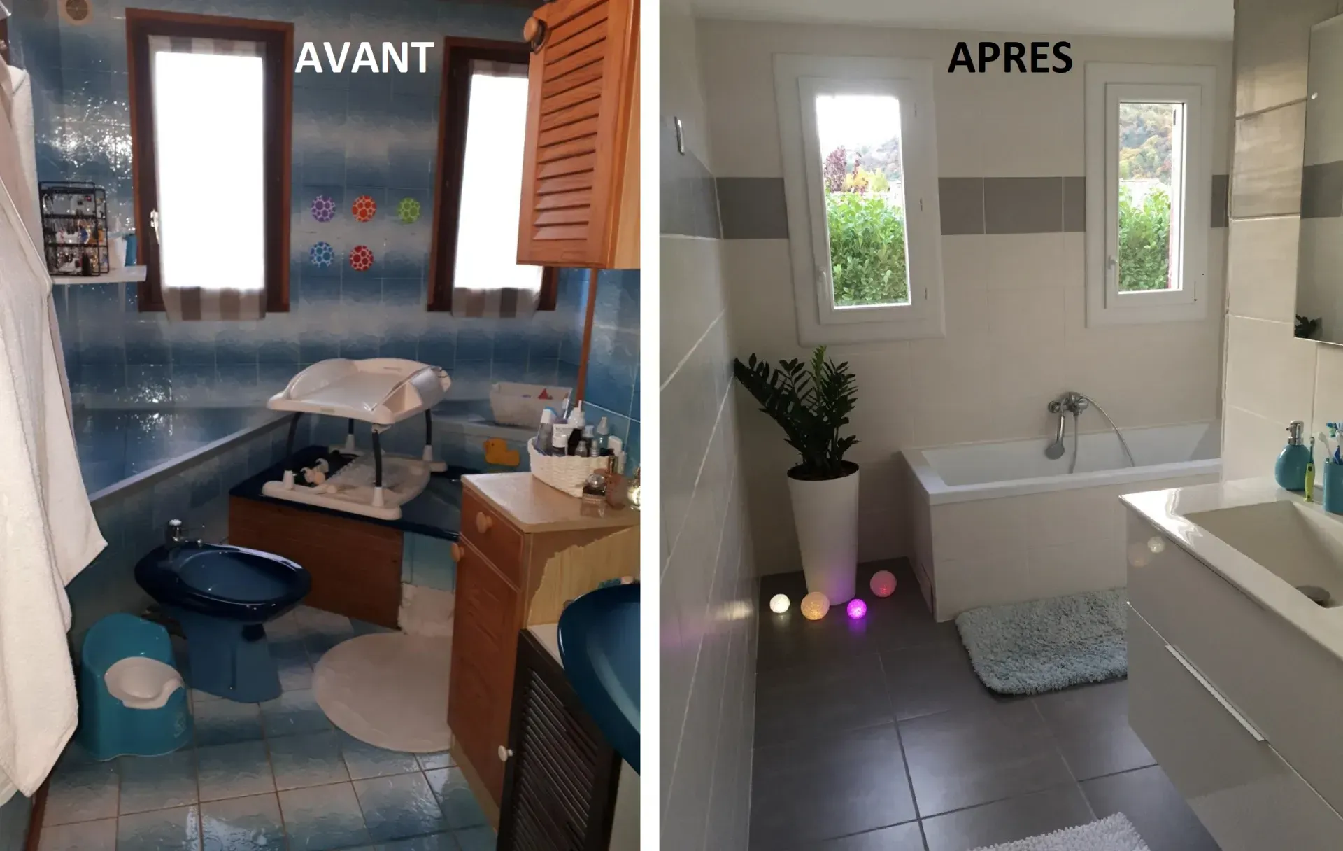 Rénovation de salle de bains : Avant, carrelage bleu et équipements démodés ; Après, tons neutres, équipements modernes et sol rénové.