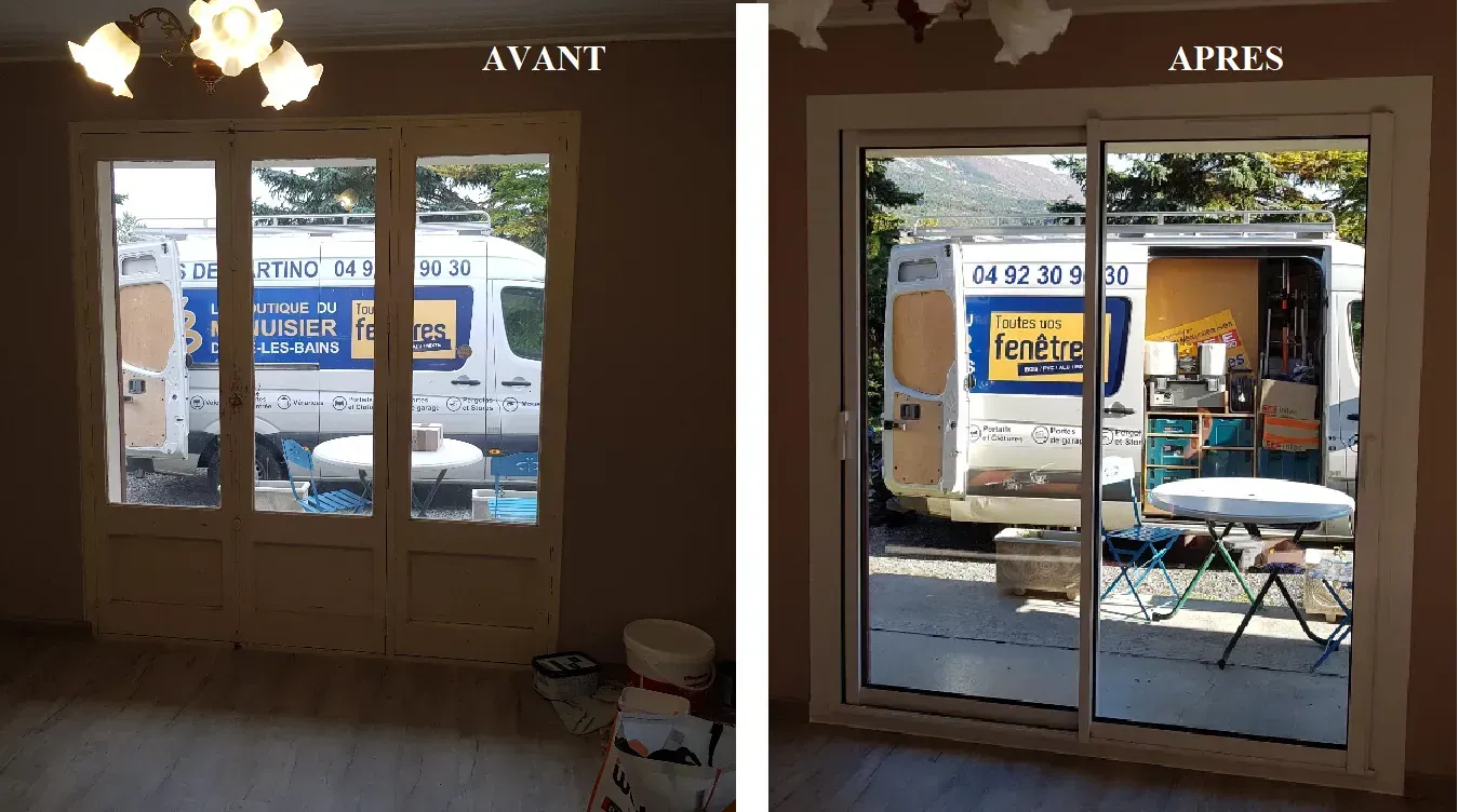 Comparaison d'une pièce avant et après le remplacement des fenêtres ; les anciennes portes-fenêtres ont été remplacées par une porte coulissante en verre.