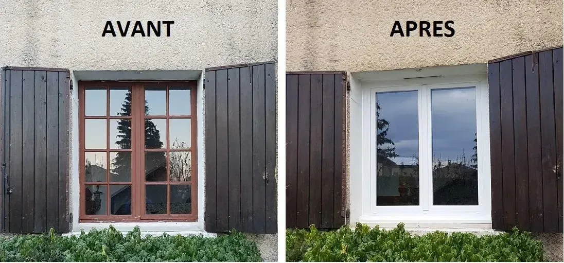 Comparaison avant et après le remplacement d'une fenêtre. L'ancienne fenêtre est brune, la nouvelle est blanche.