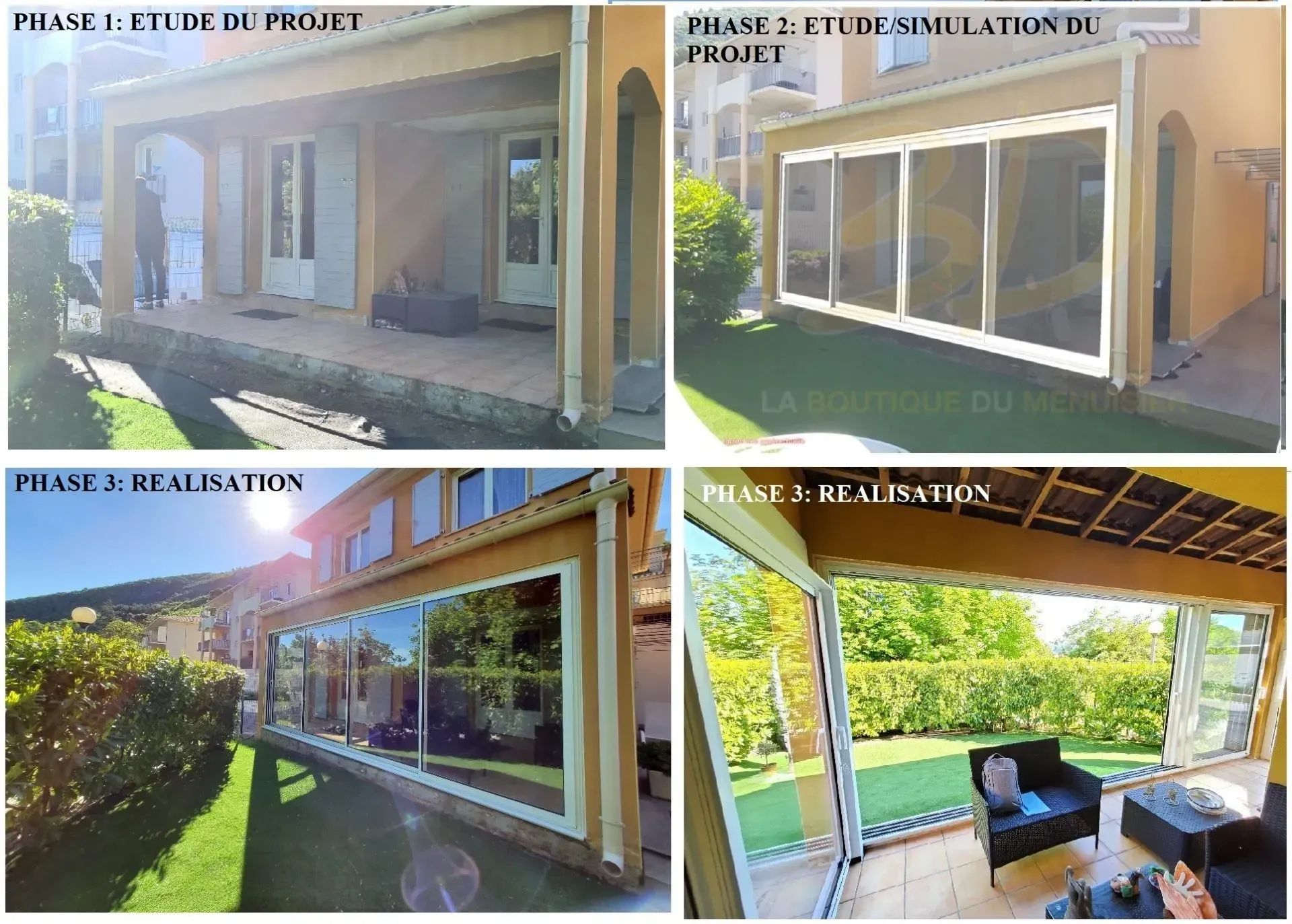 Cette image en quatre parties illustre la transformation d'une véranda : avant, avec des moustiquaires, et avec des portes vitrées, offrant des vues intérieures et extérieures.