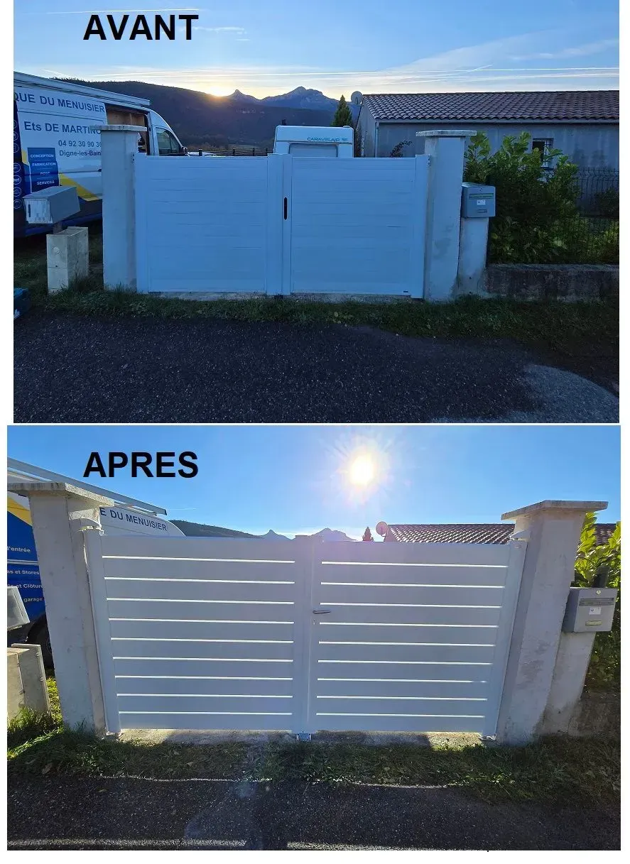 Avant et après la pose d'un portail blanc. En haut : portail blanc plein. En bas : portail blanc à claire-voie.