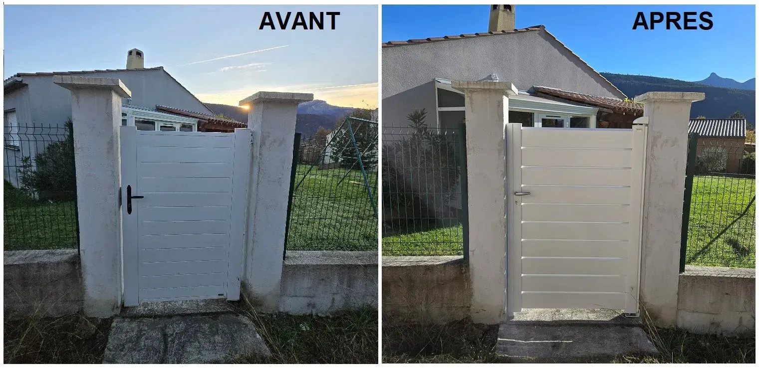 Comparaison avant et après d'un portail et de piliers blancs.