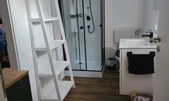 Ein weisses, leiterförmiges Regal neben einer begehbaren Dusche, einer Toilette und einem Waschtisch mit Waschbecken in einem modernen Badezimmer.
