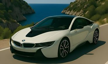 Voiture de sport BMW blanche sur une route côtière bordée par l'océan bleu et des falaises verdoyantes.