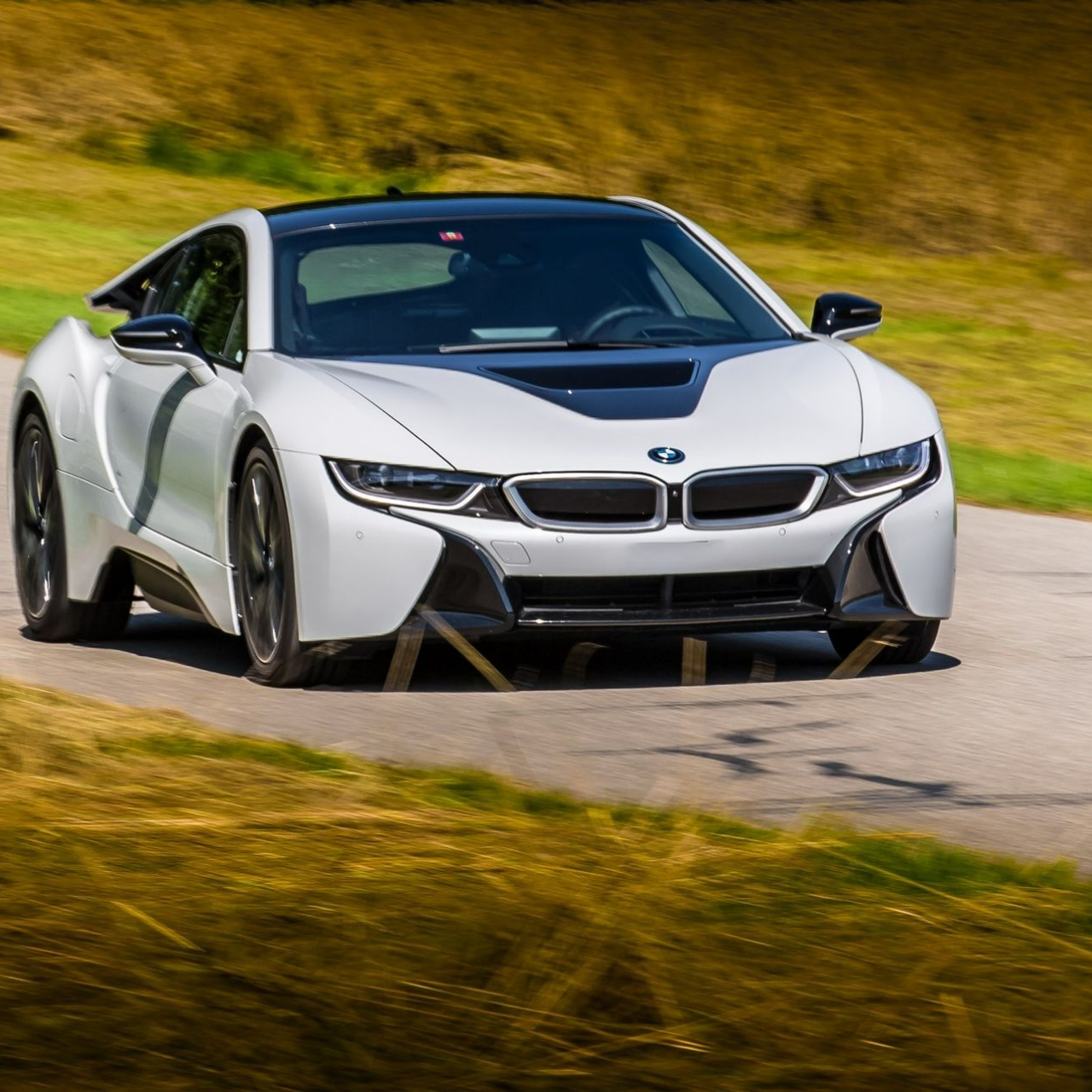 Voiture de sport argentée roulant sur une route sinueuse à travers un paysage herbeux
