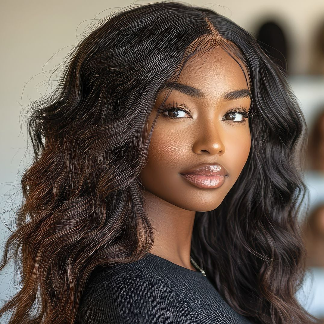 Une femme avec une perruque de longs cheveux lisses