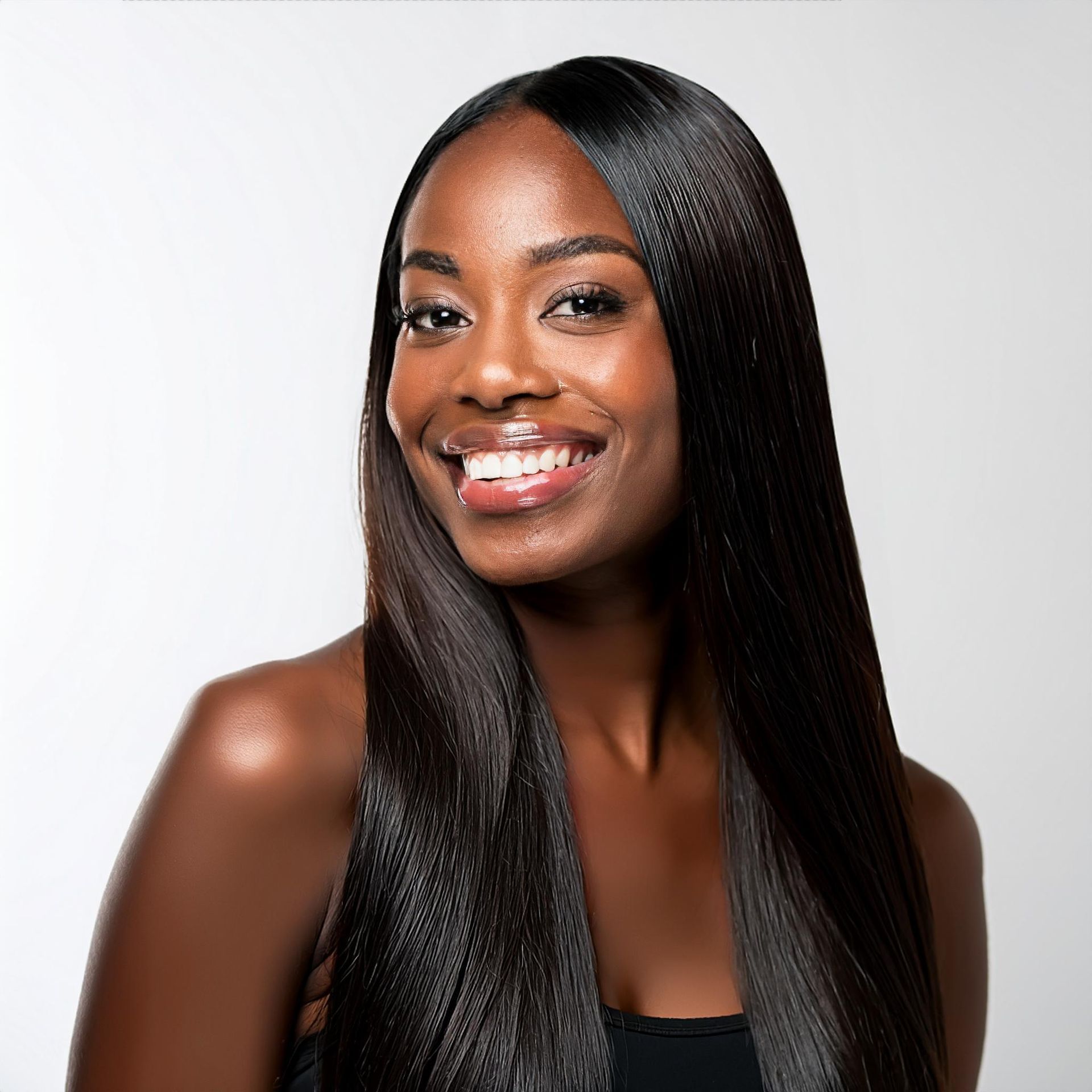 Femme souriante aux longs cheveux noirs