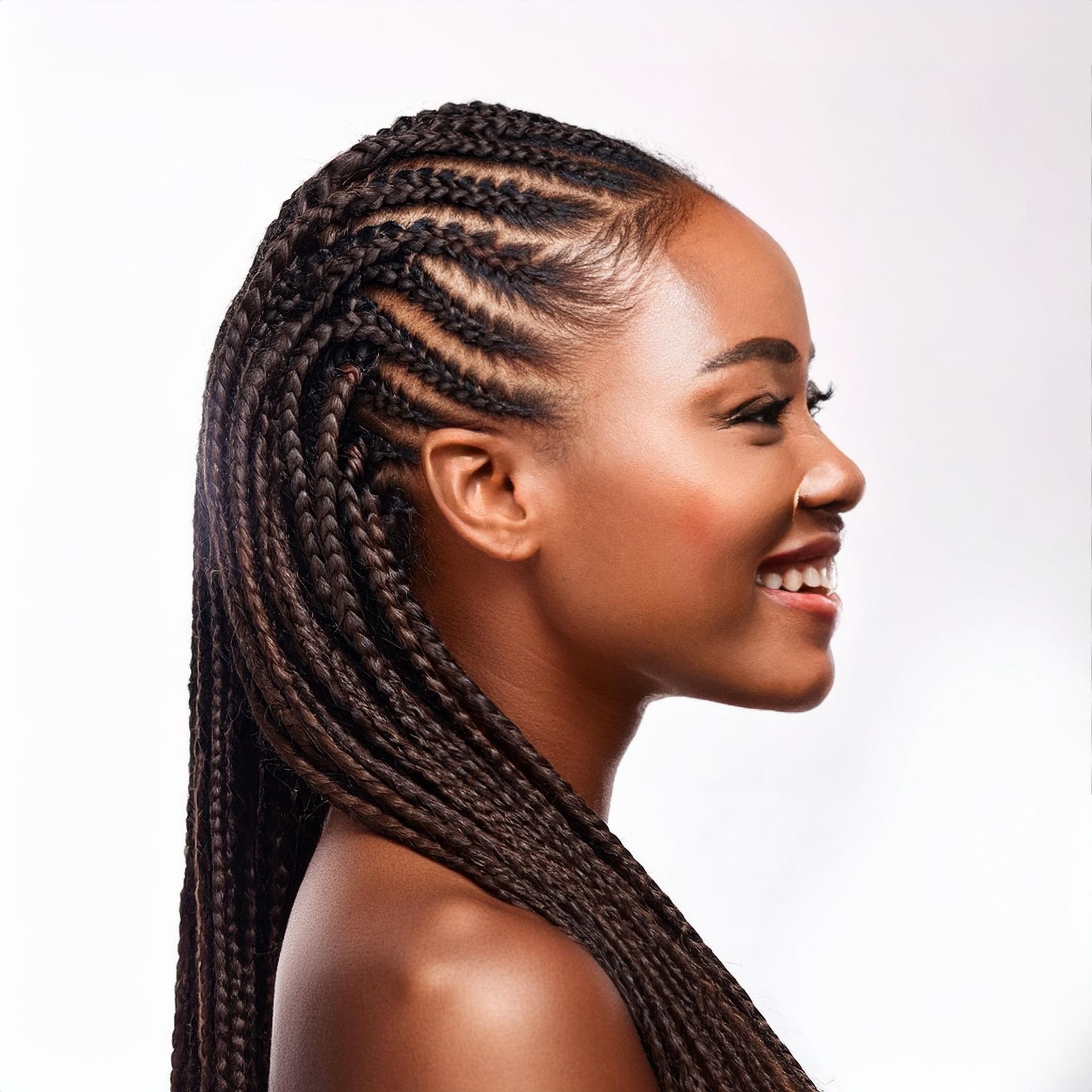 Une femme de profil souriante avec des tresses