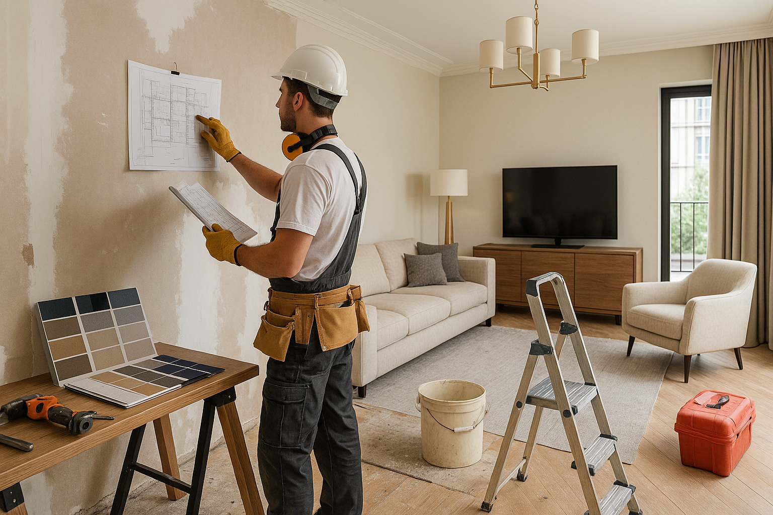 A man is painting a wall in a living room.