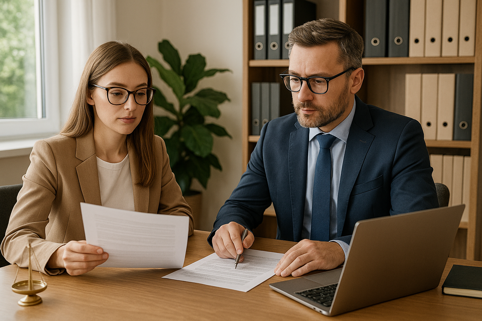A man and a woman are sitting at a desk looking at papers and a laptop.