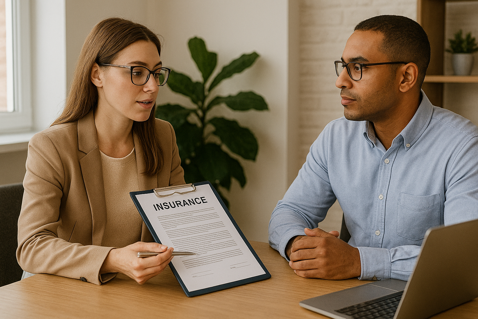 A man and a woman are sitting at a table with a laptop and a clipboard.
