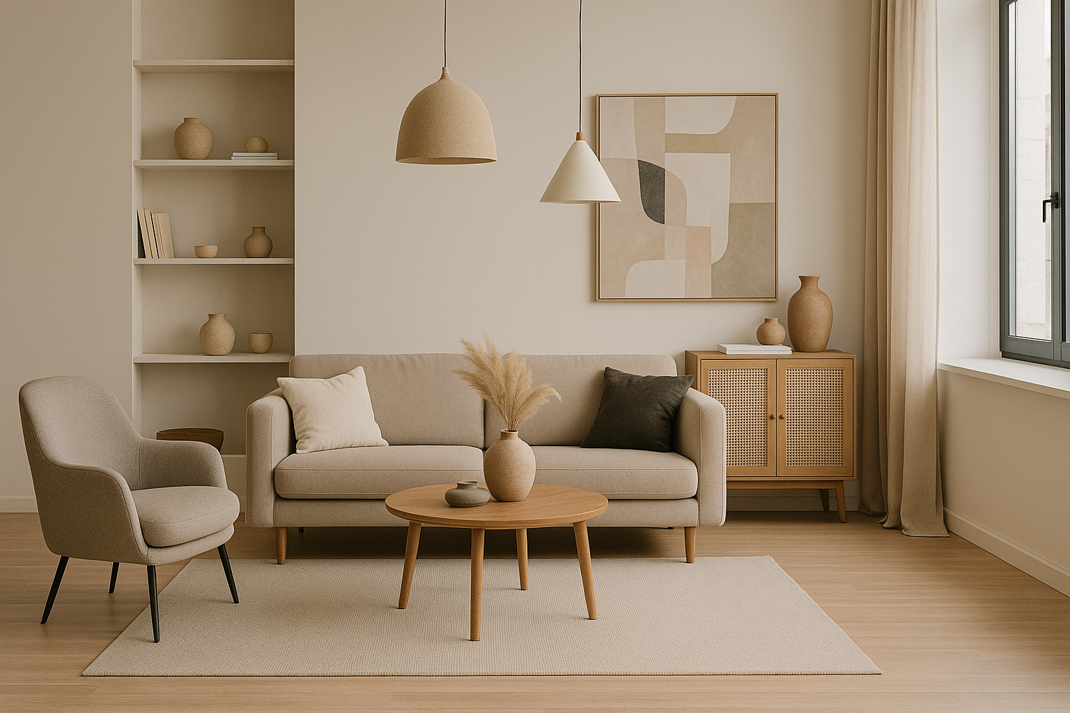 A living room with a couch , chair , table and vases.