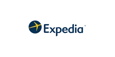 A blue and yellow logo for expedia with an airplane in the middle.