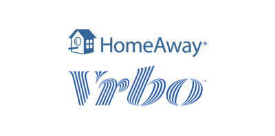 The homeaway logo is blue and white with a house on it.