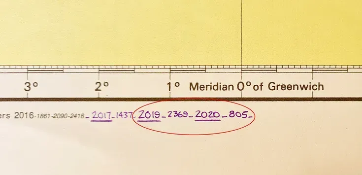 Primer plano de una escala de mapa que muestra el meridiano de Greenwich con los números manuscritos 
