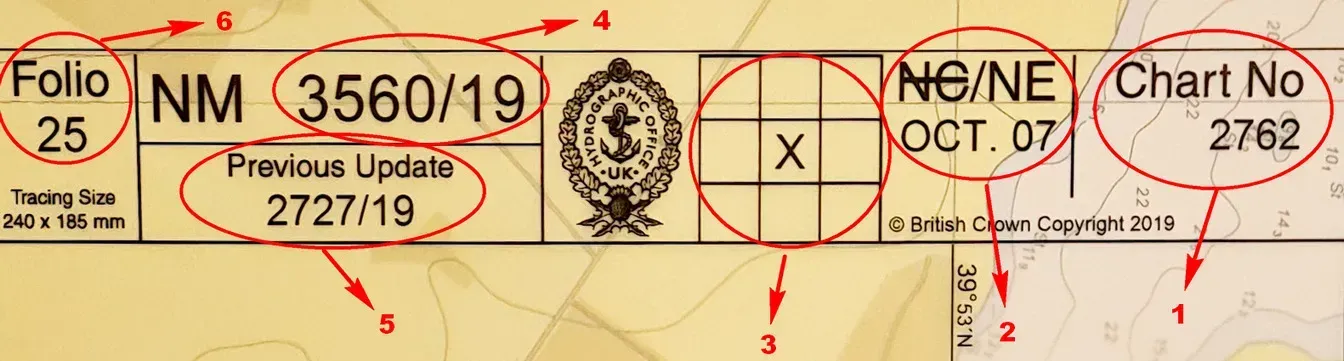 Detalle del margen de una carta náutica que muestra los números de referencia, las ediciones y el historial de actualizaciones, resaltados con círculos rojos.